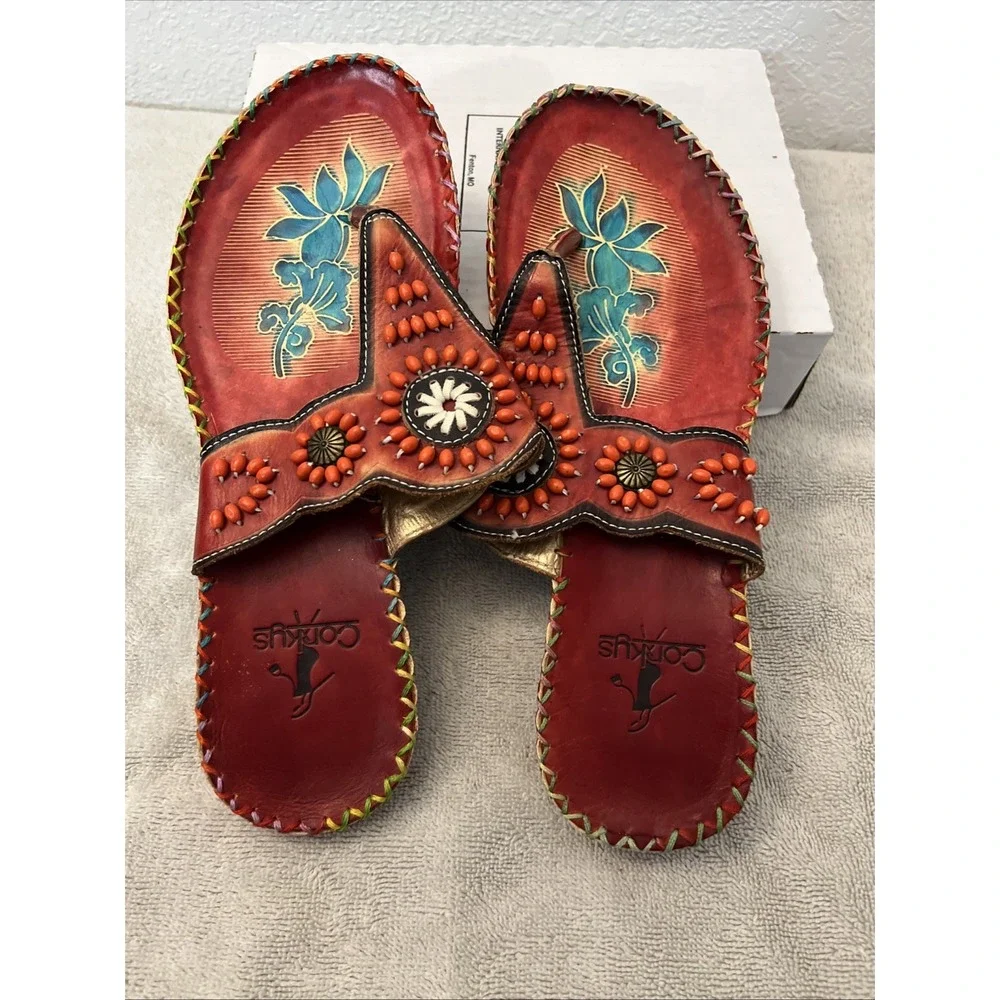 Elite Corky's Sandals Leather Colorful Hand Painted Floral Sz 10 Beaded Beach 41